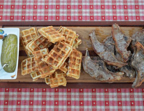 Lamskotelet met garnalenwafel